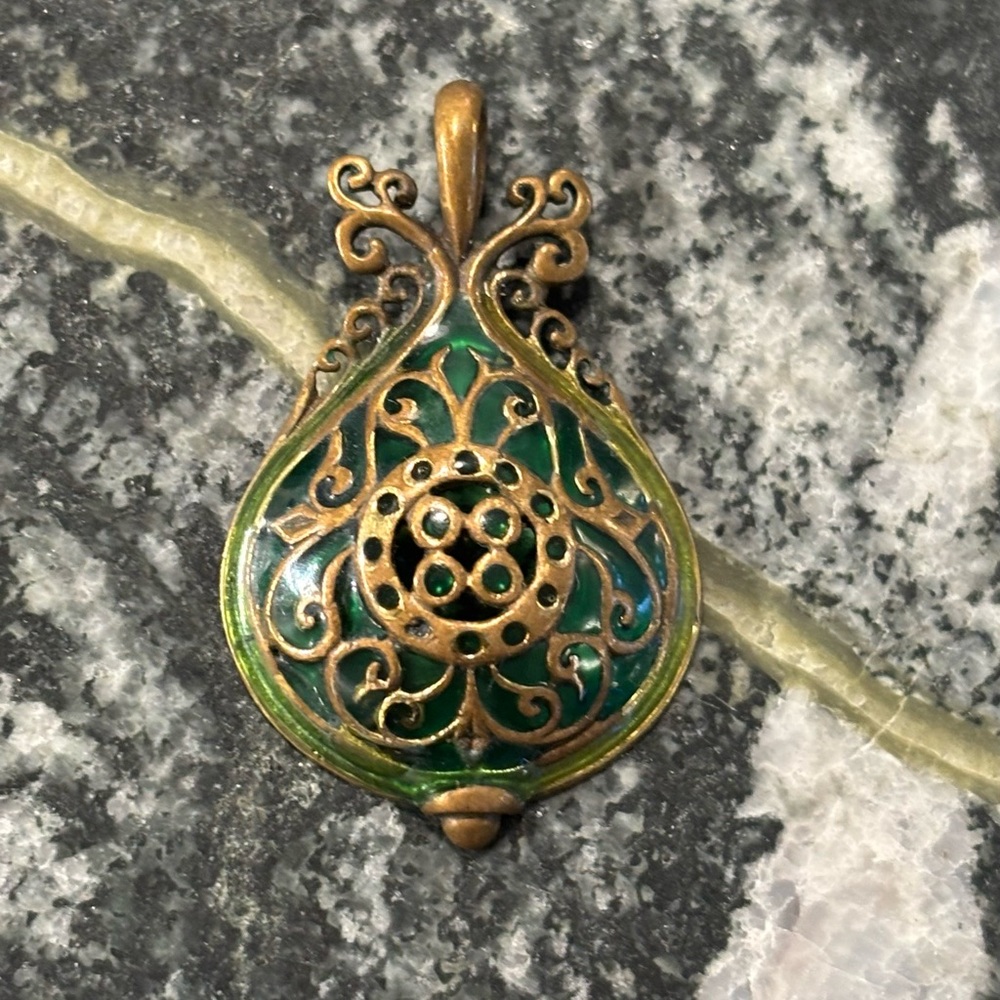 Vintage Bronze Pendant with Viking Filigree Design and Green Enamel